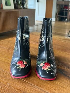 Zara Black Floral Embossed Ankle Boots with Red Trim and Back Zip